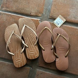 2 Pairs! Havaianas Brown Square Shape & Brown Slim Strap Flip Flop